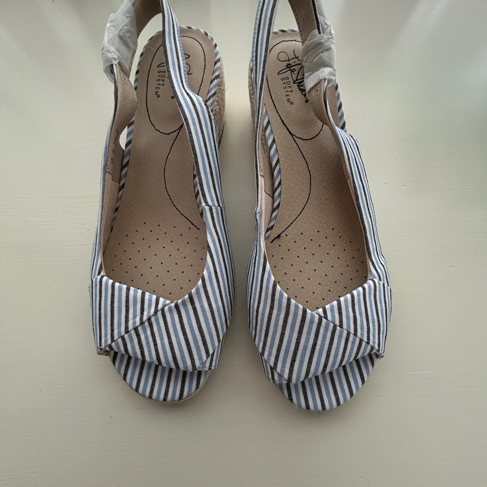 Striped Slingback Wedge Sandals - Blue/White